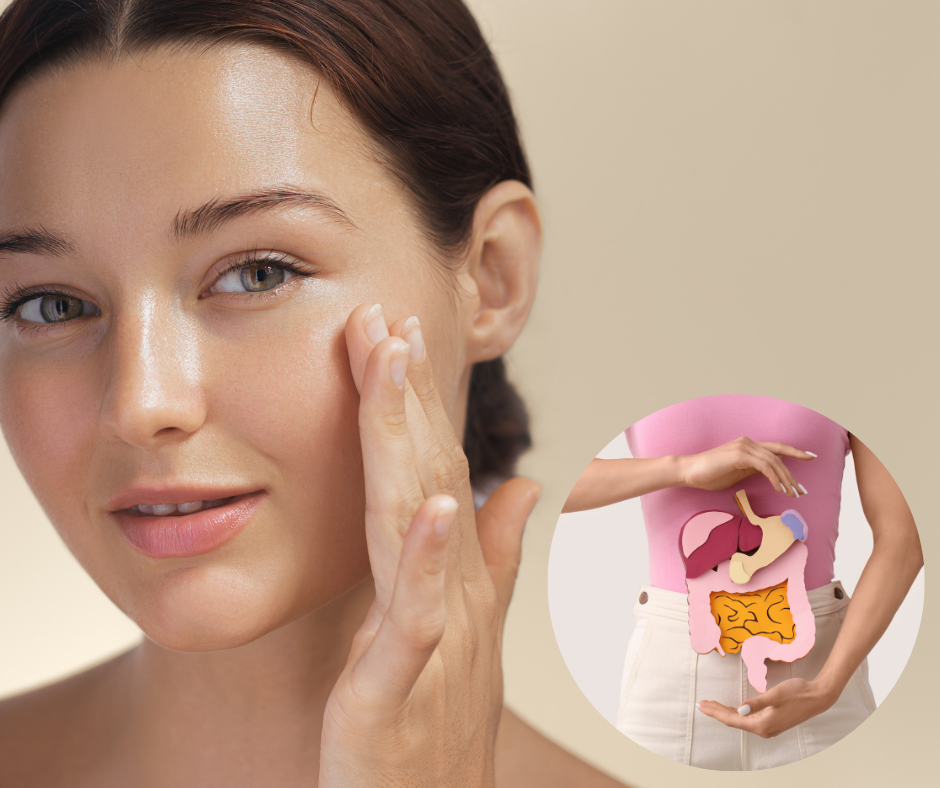 A woman with hand on her face, representing that digestion impacts skin health.